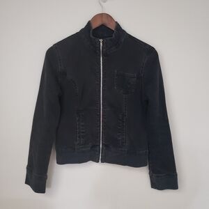 Black Cropped Denim Jacket Banded Distressed Size Medium